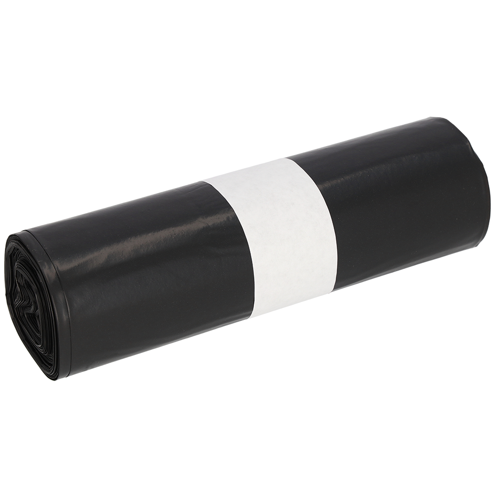 Pictured is a roll of EMIL DEISS KG (GmbH + Co.) DEISS 95005 trash bags, 200+180x540 mm Type 70 black (25 pieces), secured with a simple white paper band, on a white background.