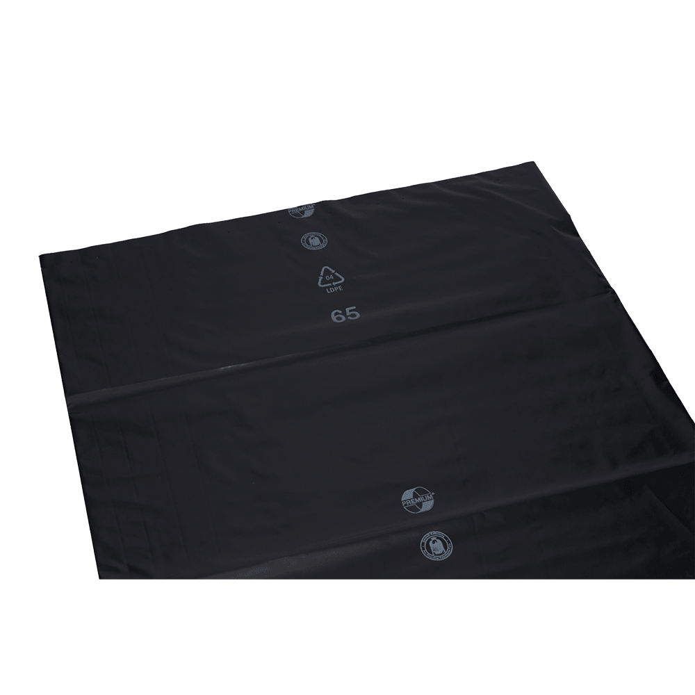 A black plastic sheet from EMIL DEISS KG (GmbH + Co.), product DEISS 95012 (650+550x1350x0.1 mm, 50 pieces), with recycling plastic symbols, the number 65, and a slightly reflective surface on a white background.