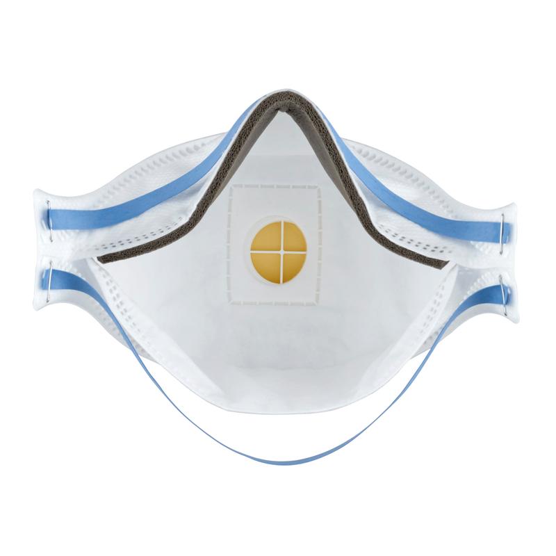Detailed view of the 3M™ Aura™ Comfort Cool Flow™ Particulate Respirator 9322+ FFP2 from 3M Deutschland GmbH, with yellow valve and gray foam strip at the top edge for additional comfort.