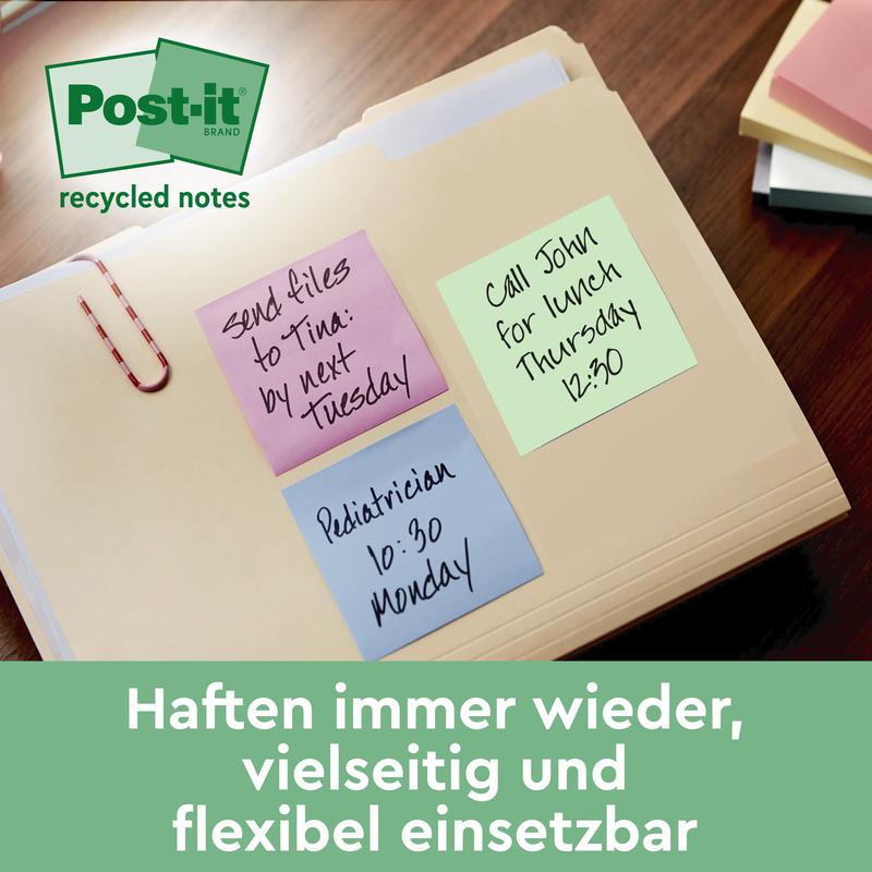 A folder shows three Post-it® Super Sticky 100% Recycling Notes (76x76 mm, 70 sheets/block) from 3M Deutschland GmbH; more folders and stacks of notes appear in the background. A German text advertises their versatility.