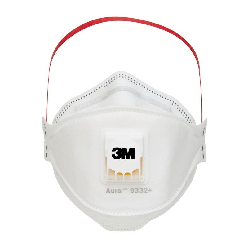 The 3M™ Aura™ Comfort Cool Flow™ Particulate Respirator 9332+, FFP3, from 3M Deutschland GmbH is a white face mask with a red headband, integrated exhalation valve, and the 3M logo on the front.