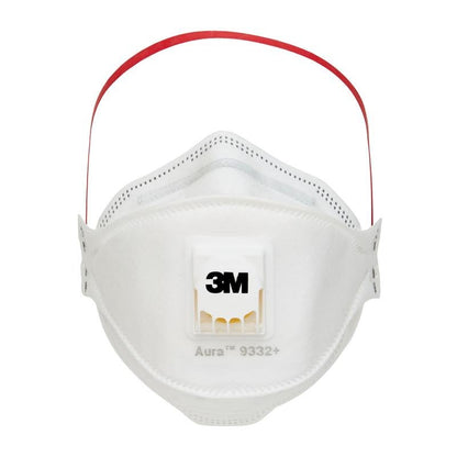 The 3M™ Aura™ Comfort Cool Flow™ Particulate Respirator 9332+, FFP3, from 3M Deutschland GmbH is a white face mask with a red headband, integrated exhalation valve, and the 3M logo on the front.