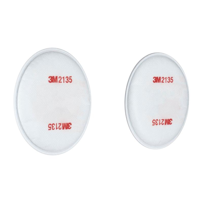 Pictured are two round, white 3M™ Particulate Filters 2135, P3 (1 pair/pack) from 3M Deutschland GmbH with red lettering on a white background.