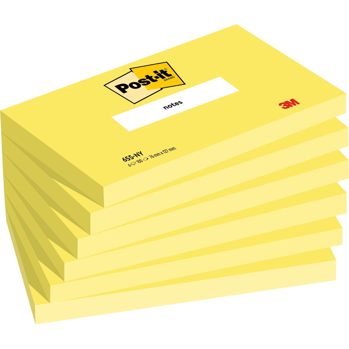 Pictured is a stack of six yellow Post-it® notes (76 mm x 127 mm, 100 sheets/block, 100% PEFC) from 3M Deutschland GmbH with the Post-it® logo and a "notes" label on top and the 3M logo in the lower right corner.