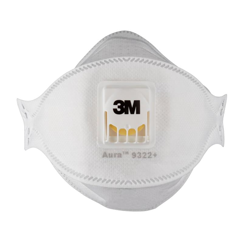 A white 3M™ Aura™ Comfort Cool Flow™ Particulate Respirator 9322+ FFP2 with central valve and 3M Deutschland GmbH logo is shown frontally against a plain background.