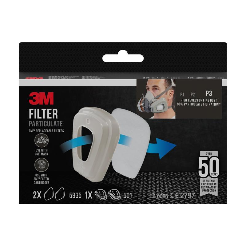 Front view of the 3M™ Particulate Filter 5935, P3, 2 pairs/pack + filter holder 501 shows two white filters, a mask image, and text highlighting the P3 protection and the over 50 years of experience of 3M Deutschland GmbH.