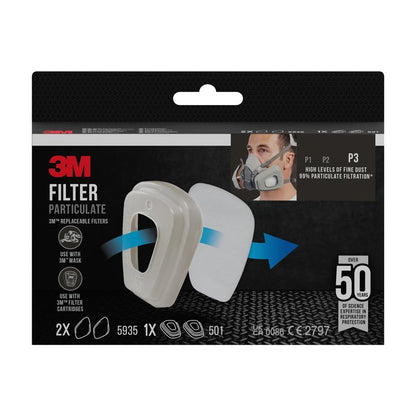 Front view of the 3M™ Particulate Filter 5935, P3, 2 pairs/pack + filter holder 501 shows two white filters, a mask image, and text highlighting the P3 protection and the over 50 years of experience of 3M Deutschland GmbH.
