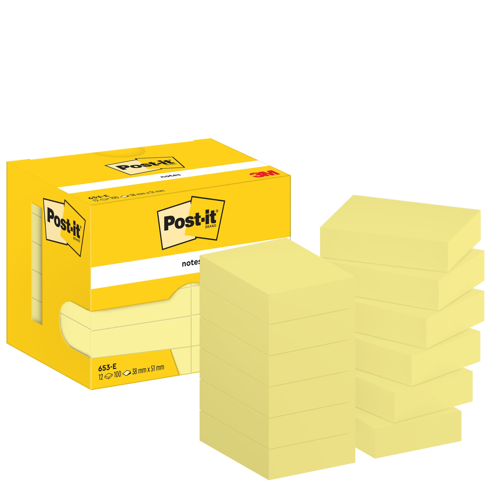 Eine Post-it® Notes Packung der 3M Deutschland GmbH enthält 12 gelbe Blöcke (38 mm x 51 mm, 100 Blatt pro Block) in einer Kartonschachtel. Zehn weitere Blöcke sind hochkant neben der Verpackung angeordnet.