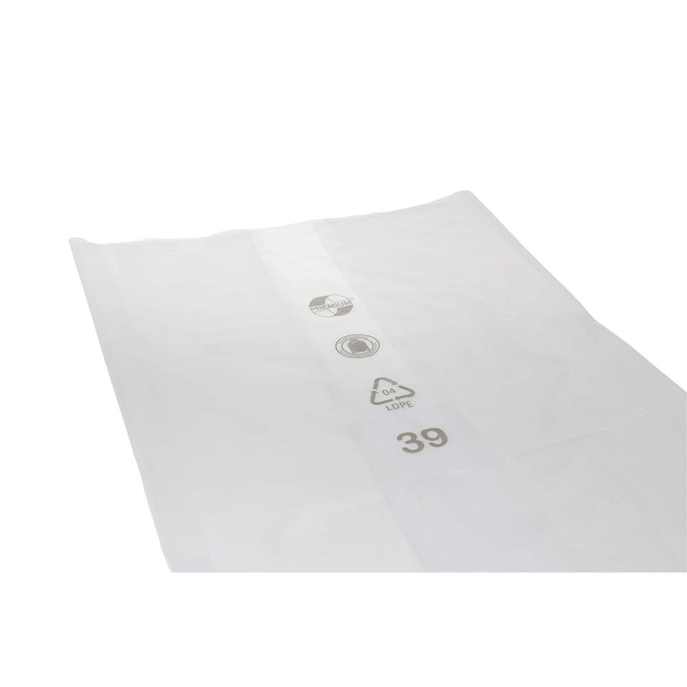 The EMIL DEISS KG (GmbH + Co.) DEISS 99026 is a transparent plastic film (700+250x1200x0.05 mm) for packaging with recycling and material identification symbols as well as the number 39 in black print on a white background. The box contains 200 pieces.