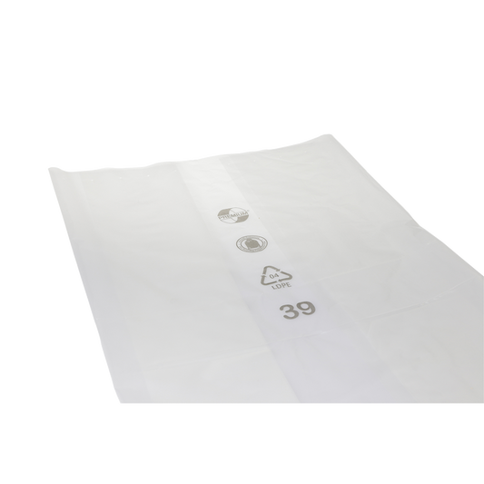 Eine transparente Schutzfolie DEISS 99134 der EMIL DEISS KG (GmbH + Co.) liegt flach auf weißem Grund und zeigt Recycling-Symbole, "04 LDPE" und die schwarz gedruckte Zahl "39".