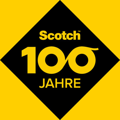 Das Scotch® Extra starkes Verpackungsklebeband (Braun, 48 mm x 20,3 m) der 3M Deutschland GmbH ist mit einem gelb-schwarzen "Scotch"-Logo, einer großen verbundenen "100" und "Jahre" für 100 Jahre gekennzeichnet. Die Packung enthält 1 Rolle mit Handabroller.