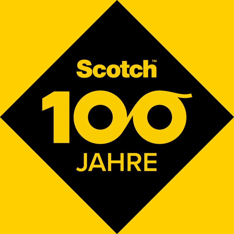 The logo for Scotch® universal insulating tape (10 m x 15 mm) from 3M Deutschland GmbH shows "Scotch 100 years" in yellow and black, with two zeros as an infinity symbol in a black diamond on a yellow background.