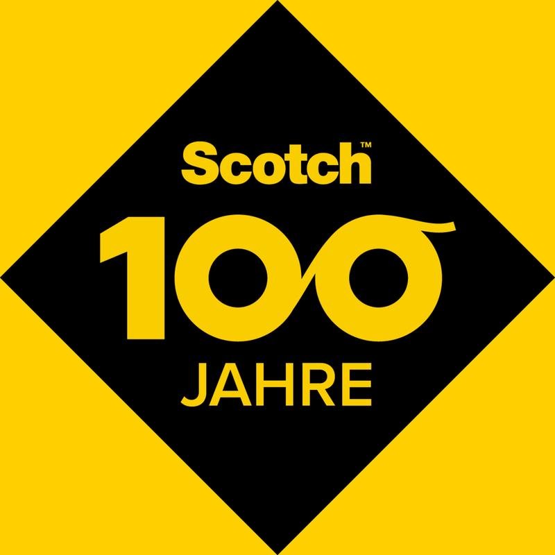A black rhombus on yellow shows in bold "Scotch 100 YEARS" with the "100" as an infinity symbol, marking the innovation anniversary of 3M Deutschland GmbH with Scotch® Crystal Tape (transparent, value pack, 8 rolls, 19 mm x 33 m).