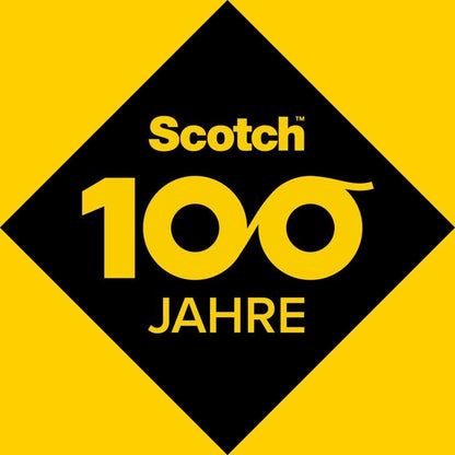 A black rhombus on yellow shows in bold "Scotch 100 YEARS" with the "100" as an infinity symbol, marking the innovation anniversary of 3M Deutschland GmbH with Scotch® Crystal Tape (transparent, value pack, 8 rolls, 19 mm x 33 m).