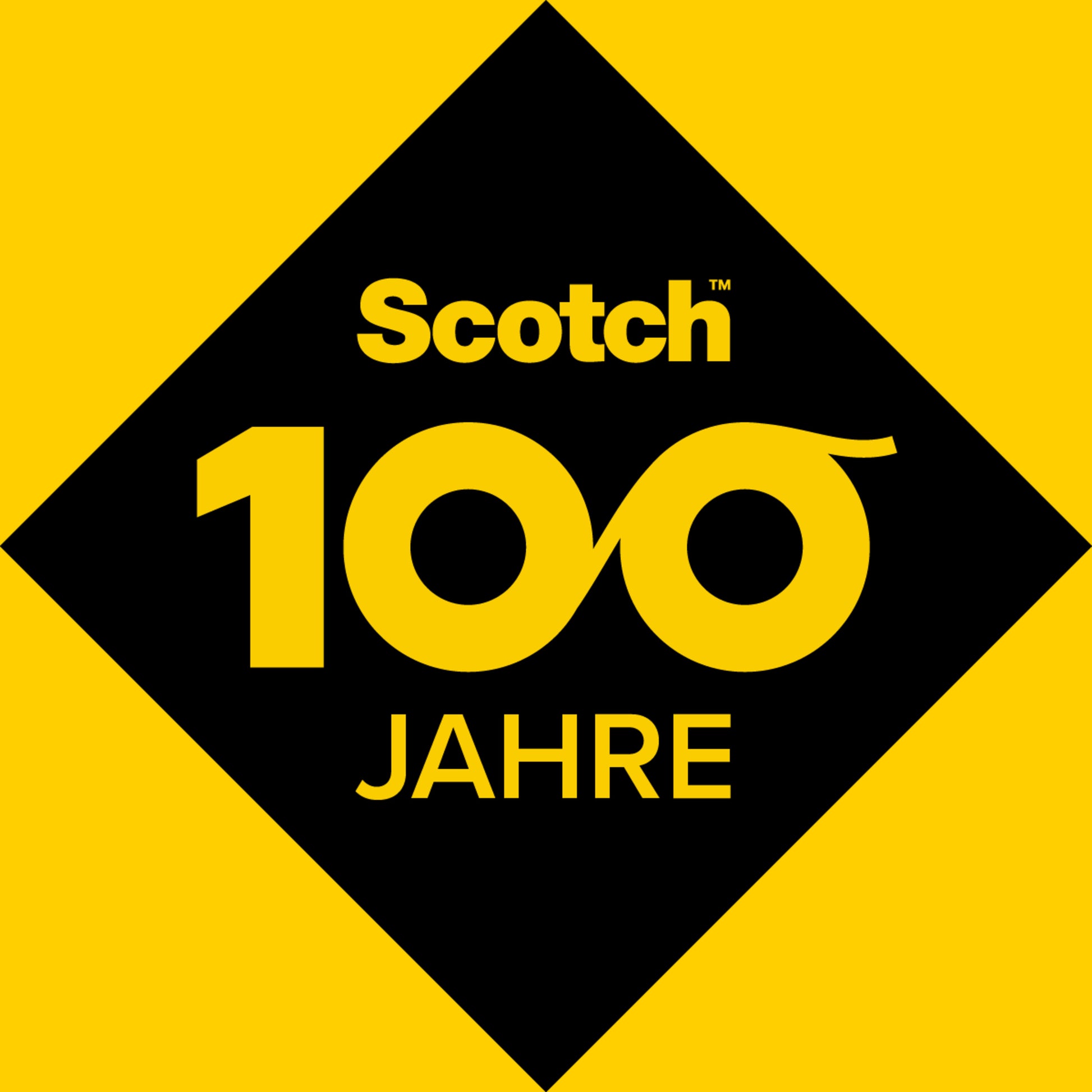 Eine gelb-schwarze Grafik für die Scotch® doppelseitige Klebeband Nachfüllpackung (2 Rollen, 12 mm x 6,3 m) von 3M zeigt den Schriftzug "Scotch 100 JAHRE", wobei die Nullen ein Unendlichkeitssymbol bilden; "JAHRE" bedeutet auf Deutsch "Jahre".