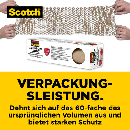 Two hands roll the Scotch™ Cushion Lock™ protective packaging (30.4 cm x 9.14 m, 1 roll/package) from 3M Deutschland GmbH over a box. Ideal for delicate items - expands and provides strong protection.