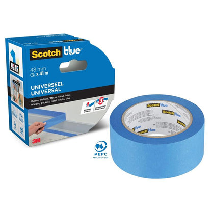 A box and a roll of ScotchBlue™ Painter's Tape "Multi-Surface" (48mm x 41m) by 3M Deutschland GmbH. The blue packaging shows the tape's use on various surfaces, with visible PEFC certification and 3M branding.