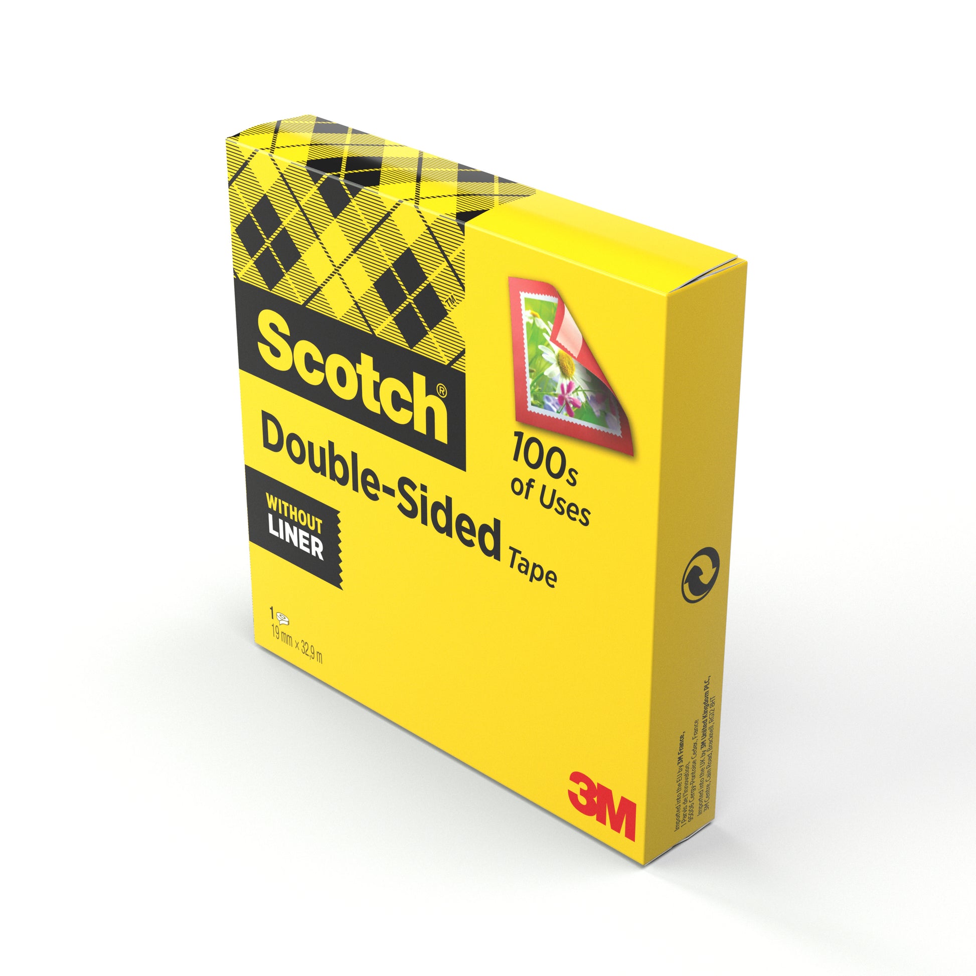 Eine gelbe Schachtel Scotch® doppelseitiges Klebeband (1 Rolle, 19 mm x 33 m) von 3M Deutschland GmbH, mit schwarz-gelb karierten Akzenten und den Etiketten "100s of Uses" und "Without Liner".
