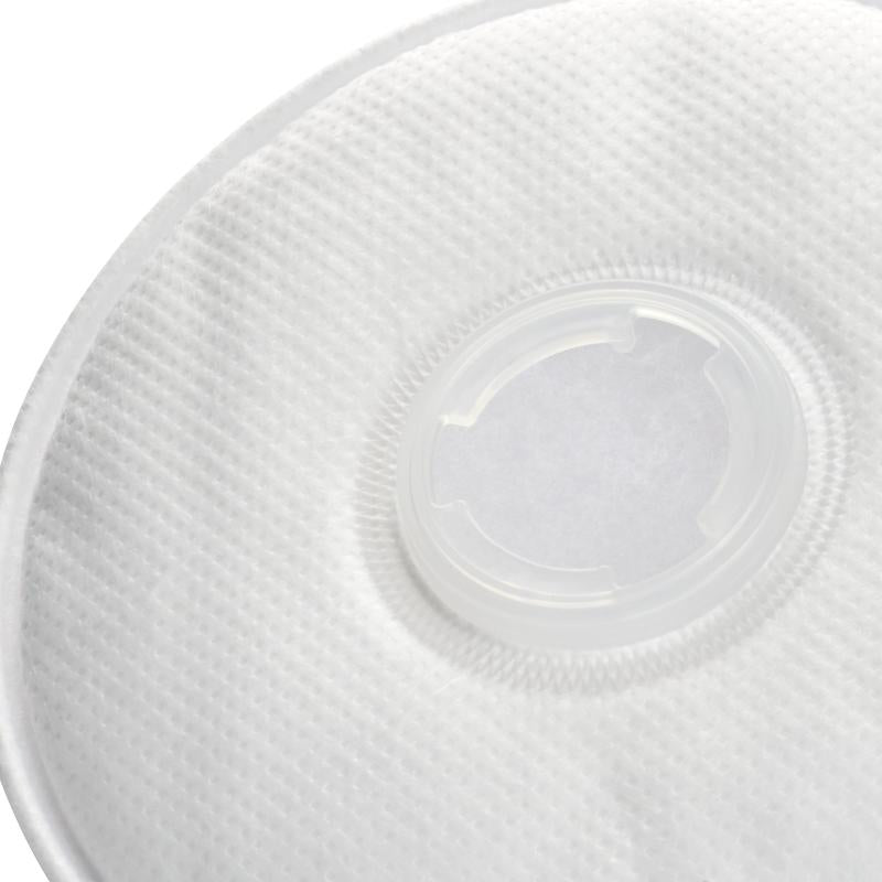 Close-up of a white, circular 3M™ Particulate Filter 2135 (P3, 1 pair/pack) from 3M Deutschland GmbH with a textured surface and a central plastic valve, designed for respirators, against a solid-colored background.