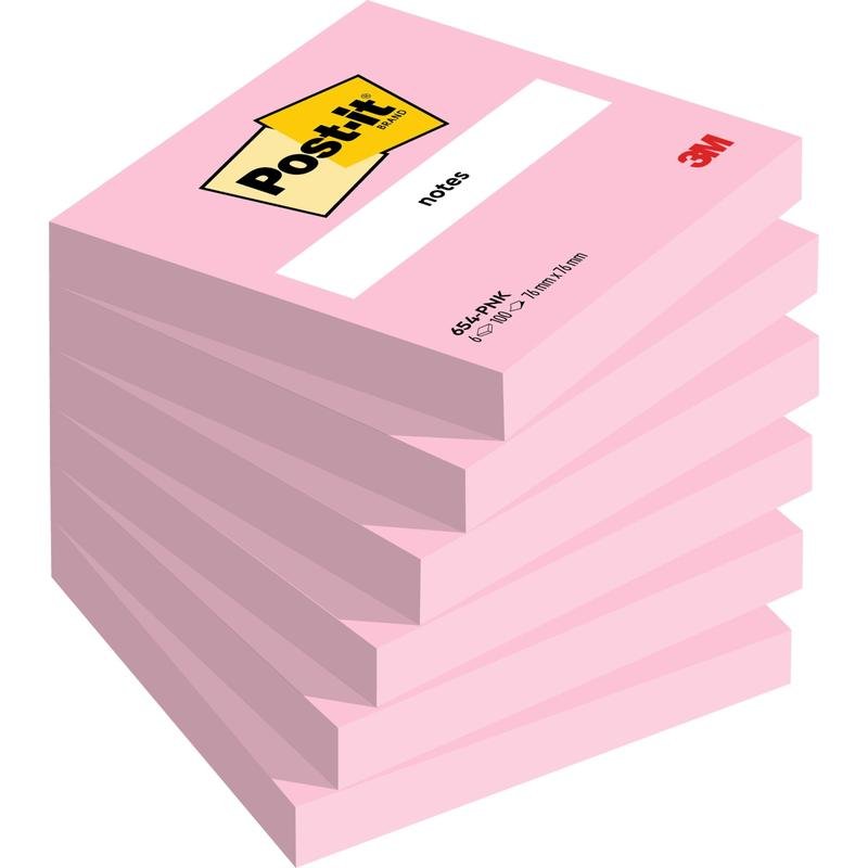A pack of six pink Post-it® Notes (76 x 76 mm, 100 sheets each, PEFC-certified) from 3M Deutschland GmbH has a white label on top with the Post-it logo, "notes" and the 3M logo in the lower right corner.