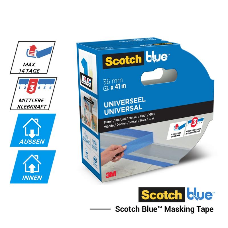 Depicted is a package of ScotchBlue™ Painter's Tape "Multi-Surface" (36 mm x 41 m) by 3M Deutschland GmbH. The packaging indicates up to 14 days of use, medium adhesion, suitability for indoor and outdoor use, and compatibility with various surfaces.