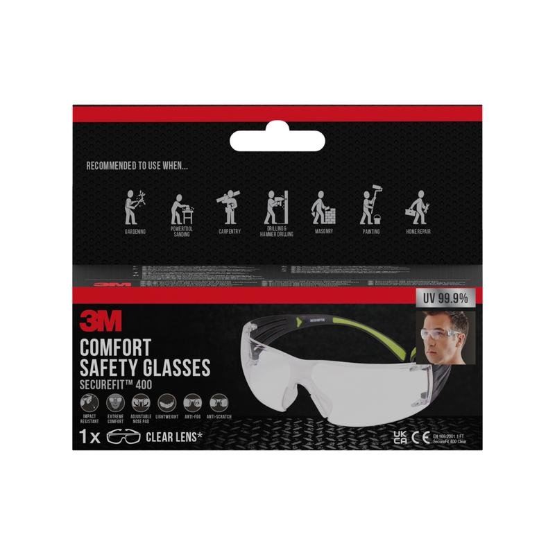 A pack of 3M™ SecureFit™ Safety Glasses 400 from 3M Deutschland GmbH with clear lenses, ideal for gardening, grinding, carpentry, handling hazardous materials, and painting. Provides 99.9% UV protection.