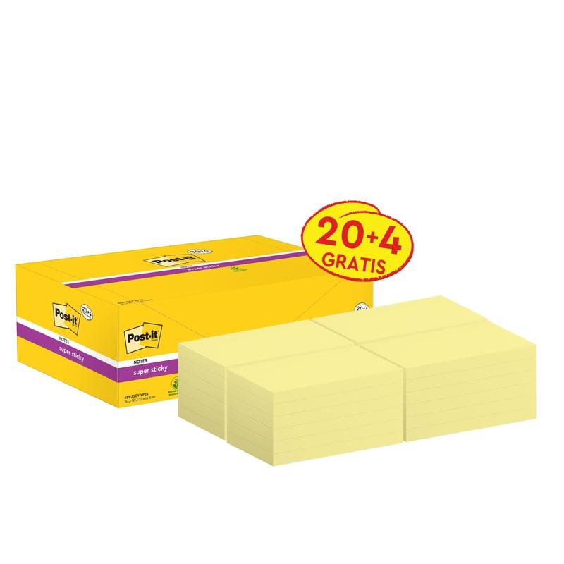Pictured is a yellow rectangular box of 3M Post-it® Super Sticky Notes, yellow, 76 x 127 mm, 90 sheets/block, 24 blocks/pack with several stacks in front; the box is labeled "20+4 Free".
