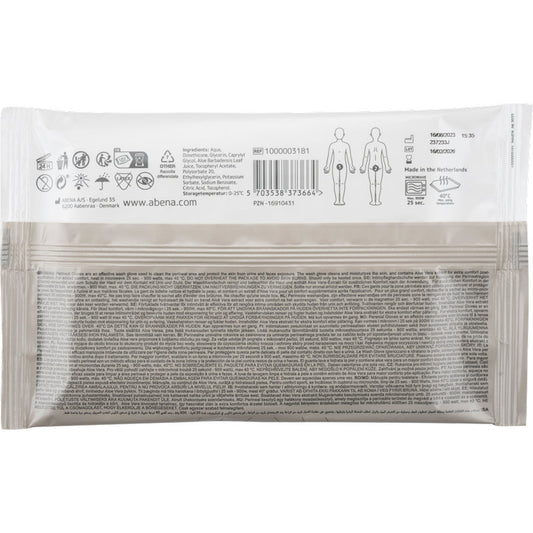 Rückansicht der Abena Re-Seller GmbH Perineale Handschuhe Packung (4 Stück) zeigt Symbole, Produktdetails, Anweisungen, Barcode, Firmeninformationen und Diagramme zur perinealen Pflege. Der Text wird in mehreren Sprachen angezeigt.