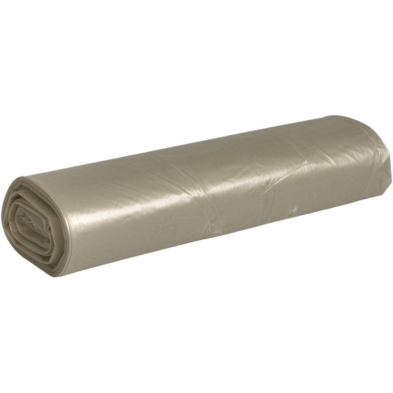 Eine Rolle Abena Re-Seller GmbH Abfallsäcke 70 L (575x1000 mm, 32 my LDPE) in beige ist straff gewickelt und auf eine weiße Fläche gelegt - perfekt für eine effiziente Müllentsorgung.