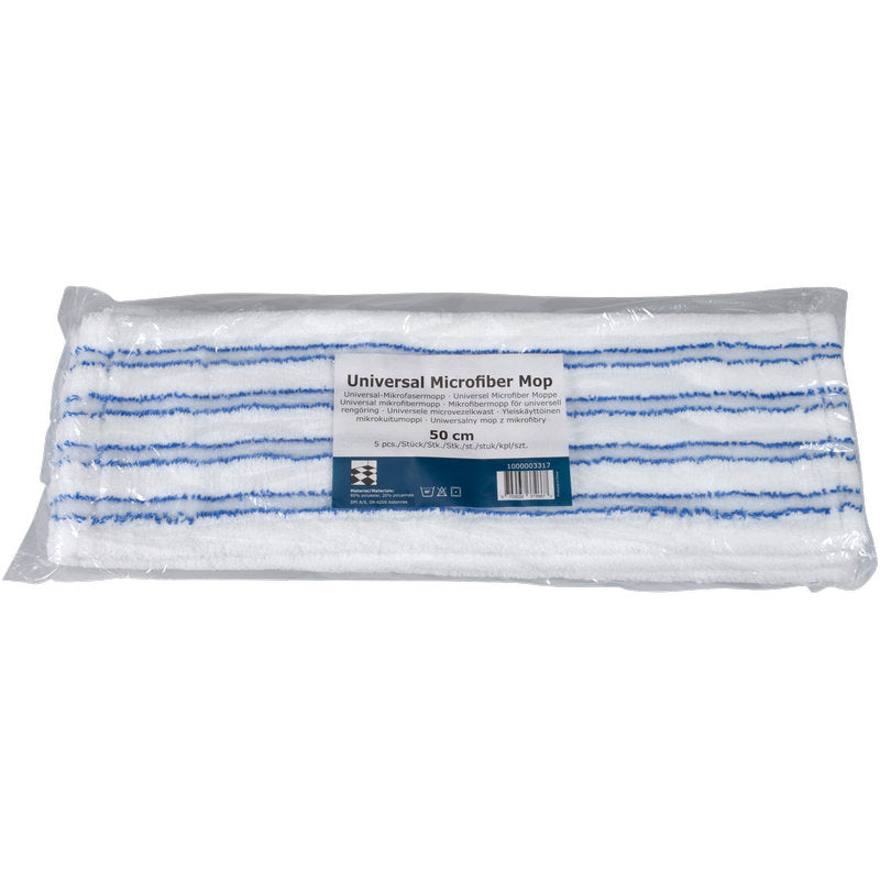 The Abena Re-Seller GmbH microfiber mop with bristles, blue/white, 50 cm wide and predominantly white with blue stripes, is packaged in clear plastic and labeled.