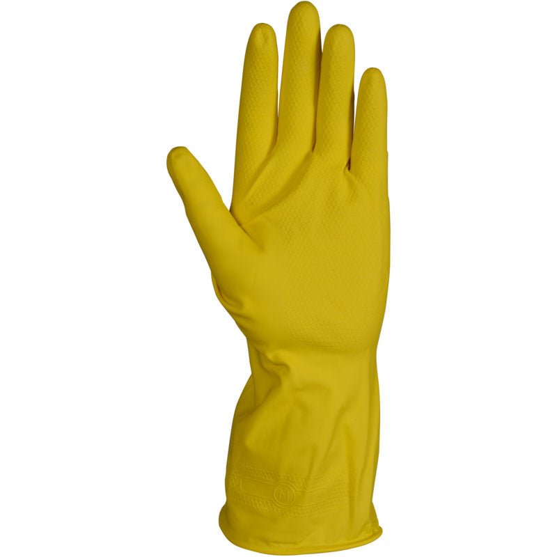 A single yellow ENA Multipurpose Household Glove Latex from Abena Re-Seller GmbH is depicted upright with the palm facing forward, featuring a textured surface on fingers and palm, extending beyond the wrist.