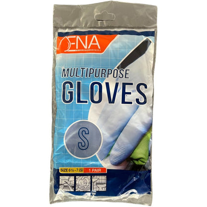 A pack of ENA Multipurpose Household Gloves Latex, Yellow, Size S (6½-7), one pair, from Abena Re-Seller GmbH. The packaging with a clear lid shows gloved hands on a blue and gray background.