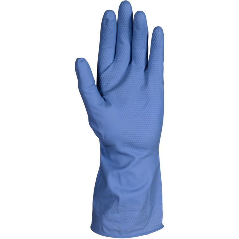 Ein einzelner gelber ENA Multipurpose Haushaltshandschuhe Latex von Abena Re-Seller GmbH wird aufrecht gezeigt, wobei die strukturierte Oberfläche der Handfläche und der Finger sichtbar ist und das Design über das Handgelenk hinausreicht.