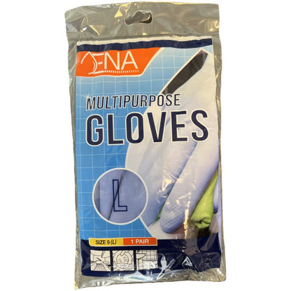 A sealed plastic package from Abena Re-Seller GmbH ENA Multipurpose Household Gloves Latex, Yellow, Size 9 (Large), contains 1 pair. The packaging features gloved hands and info in blue, orange, and white - ideal for various applications.