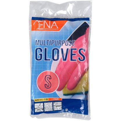 A package labeled "ENA Multipurpose Household Gloves Latex, Yellow" from Abena Re-Seller GmbH shows yellow gloves. The package is size S (6½-7) and contains one pair.