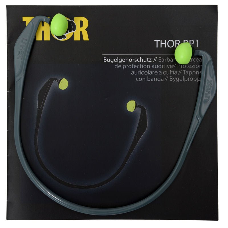 A pair of gray Abena Re-Seller GmbH Thor earmuffs (812010) earplugs with green foam tips rests on multilingual packaging labeled "Package (15 pieces)".