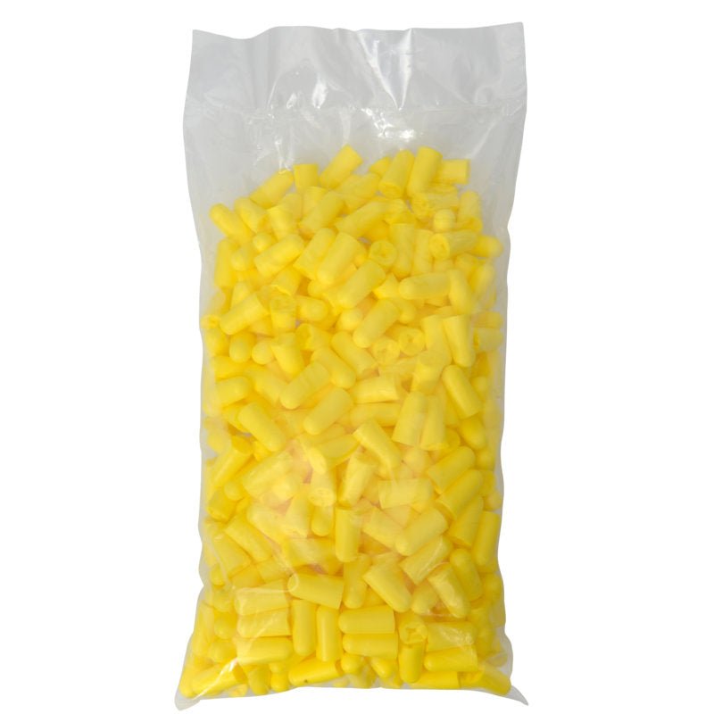 A transparent plastic bag from Abena Re-Seller GmbH contains 200 pairs of yellow Thor earplugs (SNR 37 dB, 813111), sealed on top of a white background.