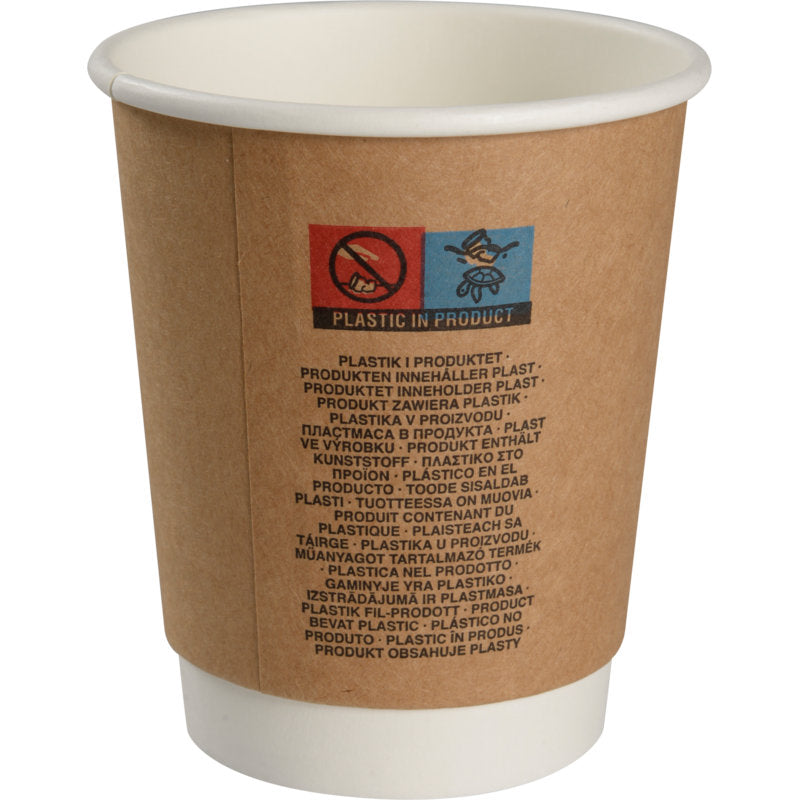 The double-walled coffee cup "Kraft" from Abena Re-Seller GmbH is a brown and white disposable paper cup, labeled with warnings and "Plastic in Product" in multiple languages; stainless steel insulated cups offer a reusable alternative.