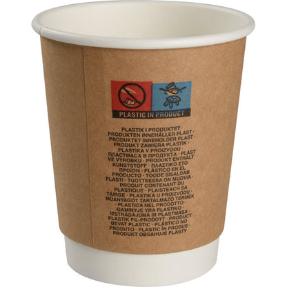 The double-walled coffee cup "Kraft" from Abena Re-Seller GmbH is a brown and white disposable paper cup, labeled with warnings and "Plastic in Product" in multiple languages; stainless steel insulated cups offer a reusable alternative.