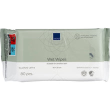 A pack of 80 Abena Re-Seller GmbH wet wipes (18x20 cm, white) with adhesive closure. The light gray-white packaging contains product information, symbols, a resealable flap, and a red-blue label - ideal for daily hygiene.