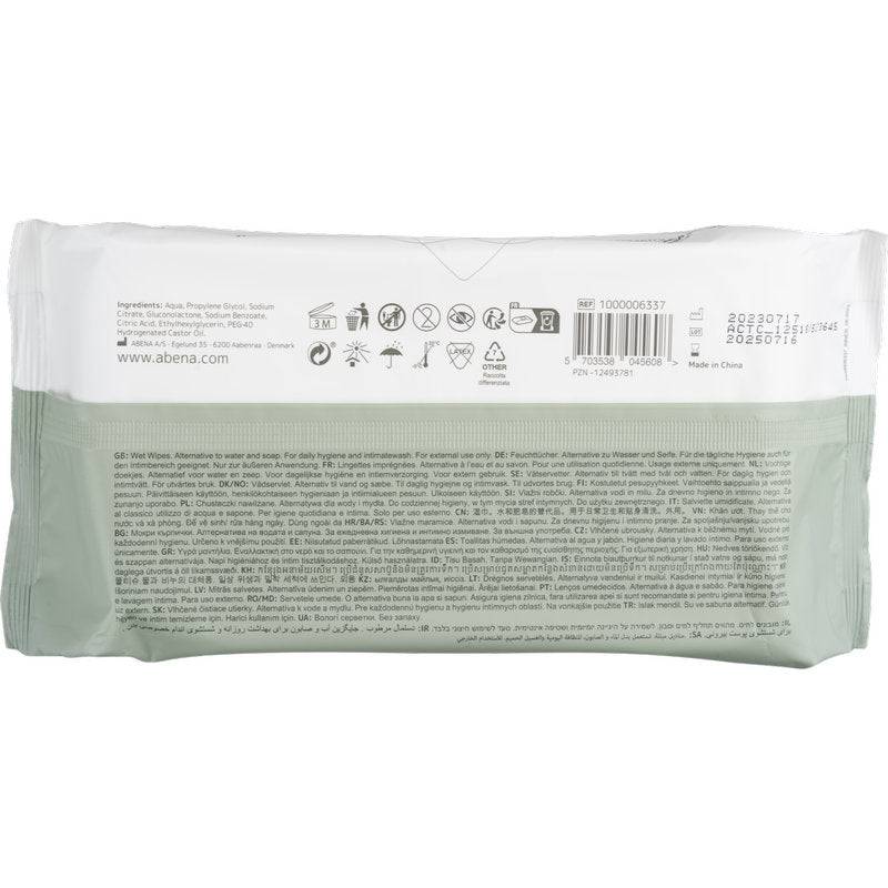 Die Rückseite der Abena Re-Seller GmbH Feuchtpflegetücher-Packung (80 Stück, 18x20 cm, Weiß, mit Klebeverschluss) zeigt Produktinfos, Verwendungssymbole, Barcode, Verfallsdatum und Herstellerangaben zur täglichen Hygiene in mehreren Sprachen.