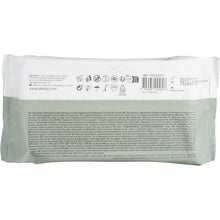 The back of the Abena Re-Seller GmbH wet wipes pack (80 pieces, 18x20 cm, White, with adhesive closure) shows product information, usage symbols, barcode, expiration date, and manufacturer details for daily hygiene in multiple languages.