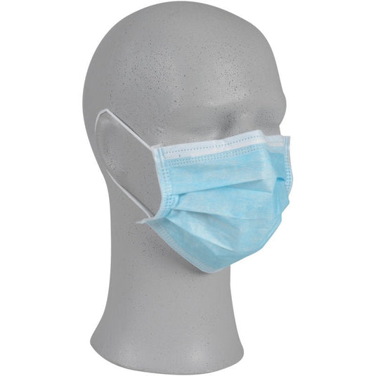 A gray mannequin is displaying the Abena Re-Seller GmbH face mask with elastic straps, 95x180 mm, 3-ply, blue, IIR (pack of 50), viewed from the front left at an angle against a plain white background.