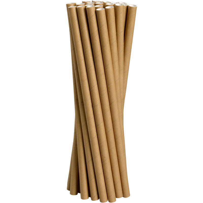 A bundle of Jumbo Paper Straws, Brown by Abena Re-Seller GmbH is arranged at an angle, with the white inner surfaces of the eco-friendly straws visible at the top.