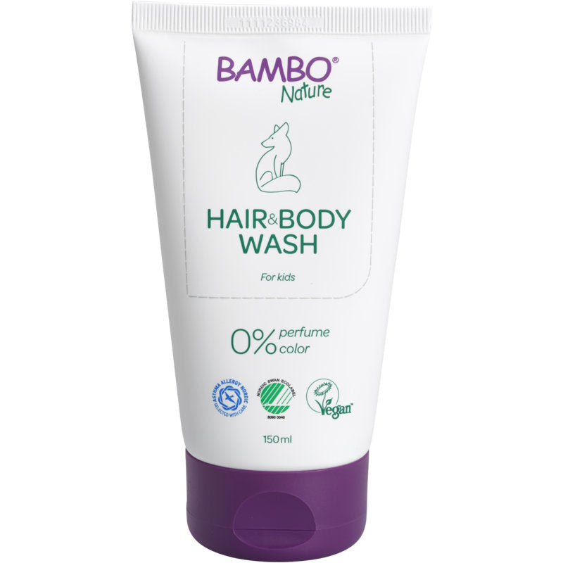 Eine weiß-lila Tube mit der Aufschrift "Bambo Nature, Babyshampoo Haut & Haar, 150 ml" von Abena Re-Seller GmbH zeigt eine Fuchs-Illustration und Icons für Zertifizierungen. Vegane Formel mit 0% Parfüm oder Farbe, perfekt für empfindliche Babyhaut. Packung: 6 Stück.