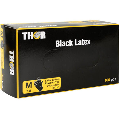 A black, rectangular box from Abena Re-Seller GmbH with the inscription "Thor Black Latex, Powder-free" contains 100 black, powder-free latex gloves (Size M 7-8, Length 24 cm), with yellow and white lettering and graphics on the packaging.