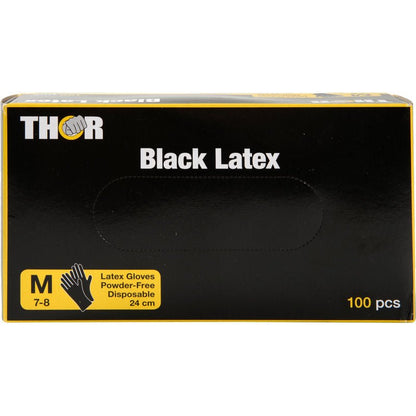 A black box with the inscription "Thor Black Latex, Powder-free" from Abena Re-Seller GmbH contains 100 black, powder-free disposable latex gloves (Size M, 24 cm). The front shows a hand symbol and information in a yellow box.