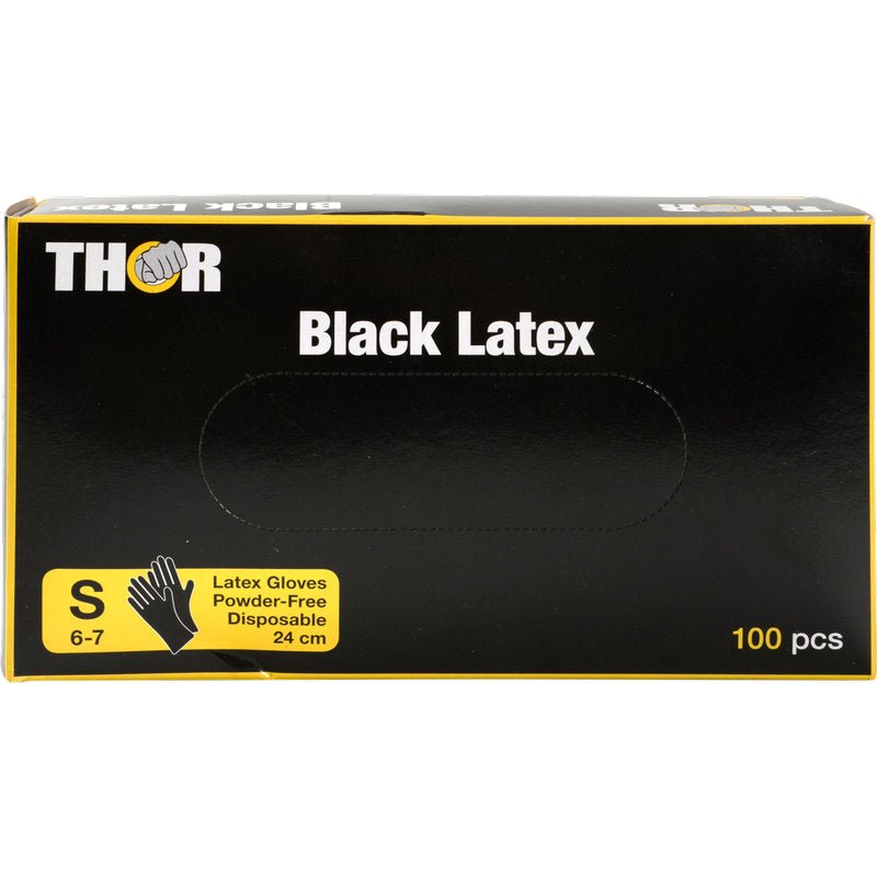 A black box from Abena Re-Seller GmbH, labeled "Thor Black Latex, Powder-free", contains 100 black latex gloves, Size S (6-7), 24 cm long; the packaging shows white and yellow lettering on a black background.