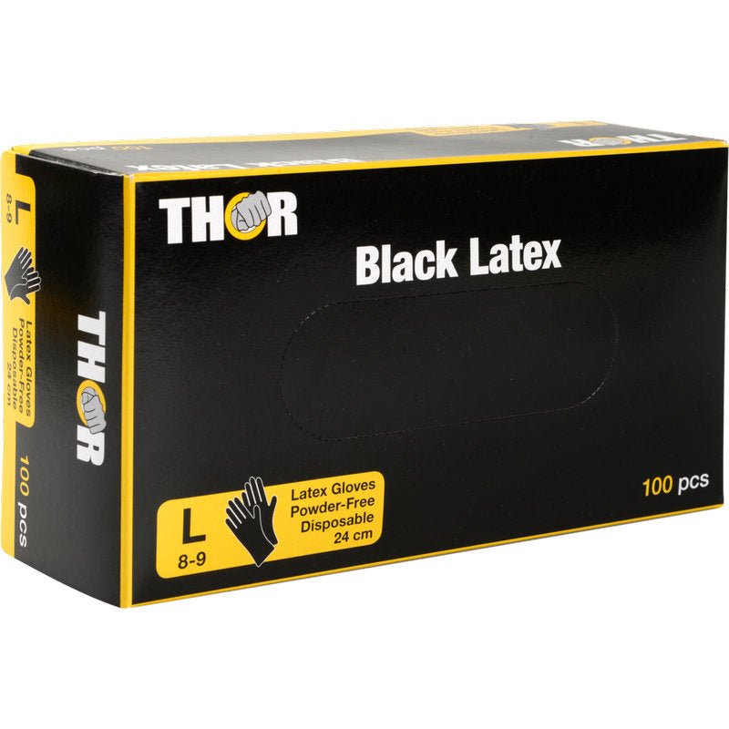 A black box from Abena Re-Seller GmbH Thor Black Latex, Powder-free Gloves, Size large (8-9), Disposable, 24 cm, contains 100 pieces. The packaging has yellow and white lettering with glove illustrations.