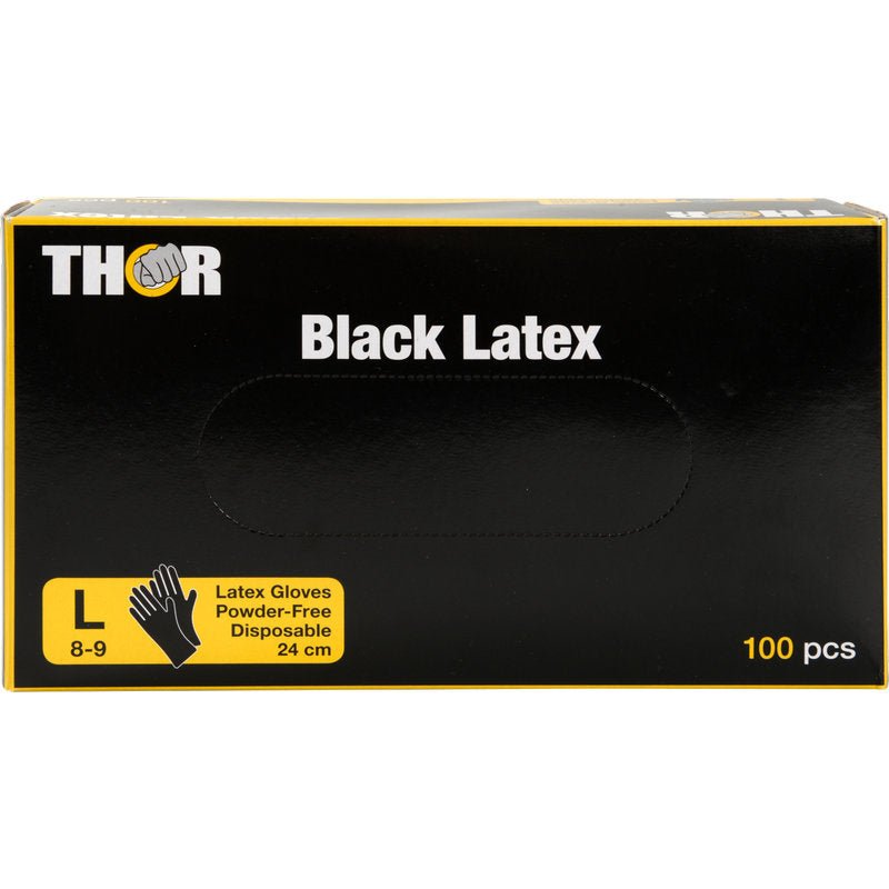 A black box with the inscription "Thor Black Latex, Powder-free" from Abena Re-Seller GmbH contains 100 large (8-9), powder-free, black disposable latex gloves (24 cm). The box is marked with yellow and white lettering and a glove symbol.